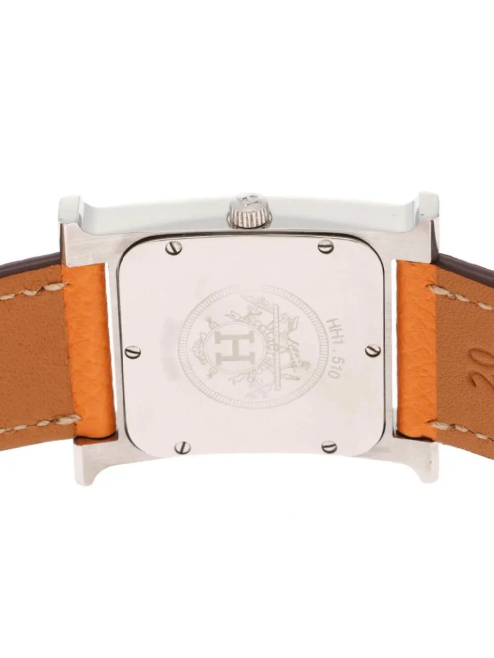 Hermes H Watch SS Stainless Steel Leather Strap Black Orange Line Dial Quartz